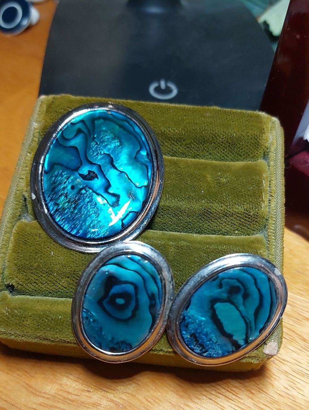 Butler Signed Abalone Brooch Pierced Earrings Set Oval Silvertone